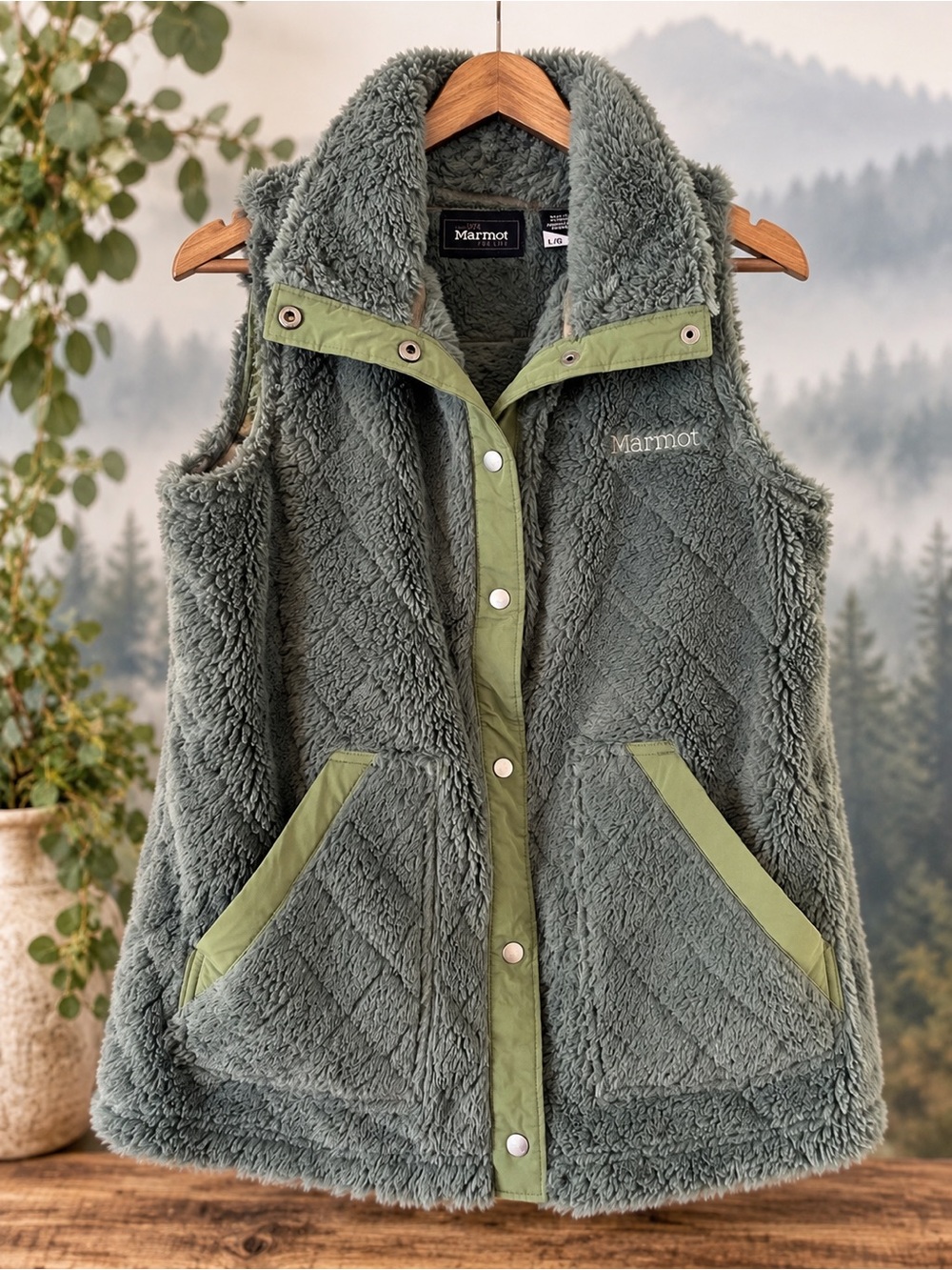 Marmot Sherpa Fleece Vest Large Gray Green Snap Front Outdoor Hiking Gorpcore